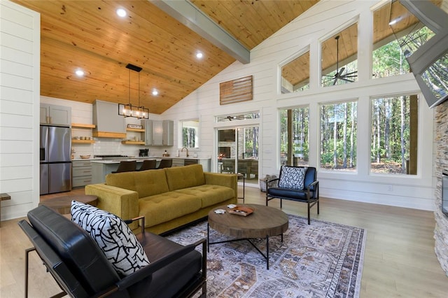 living room with sink, high vaulted ceiling, light hardwood / wood-style flooring, wooden ceiling, and beam ceiling