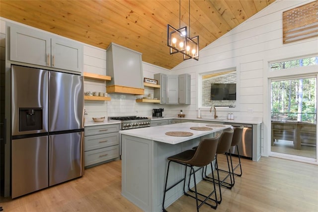 kitchen with a breakfast bar area, wood ceiling, decorative light fixtures, vaulted ceiling, and stainless steel appliances