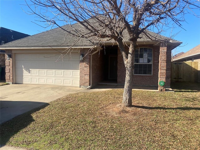 single story home with a garage and a front lawn