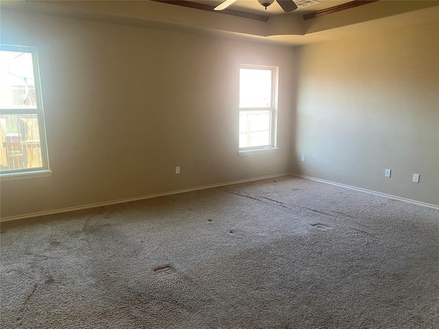 carpeted empty room featuring a tray ceiling and ceiling fan