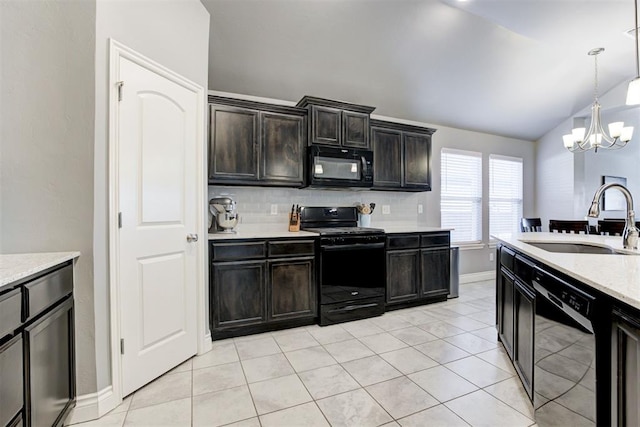 kitchen with sink, an inviting chandelier, vaulted ceiling, hanging light fixtures, and black appliances