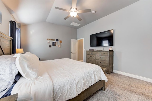 carpeted bedroom featuring lofted ceiling and ceiling fan