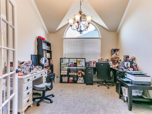 office space featuring ornamental molding, lofted ceiling, light carpet, and an inviting chandelier