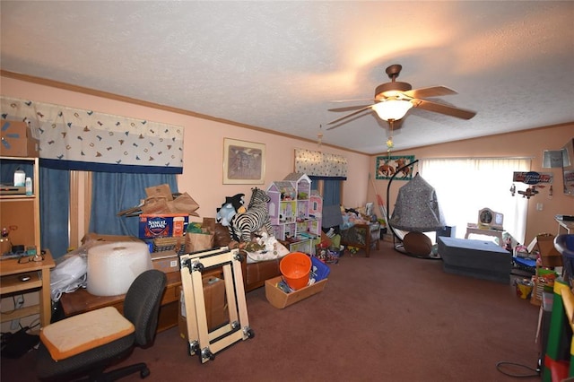 game room featuring ornamental molding, lofted ceiling, carpet, and a textured ceiling