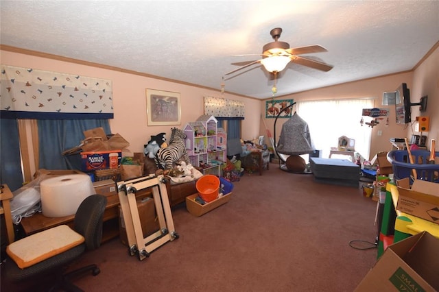 recreation room featuring crown molding, a textured ceiling, and carpet