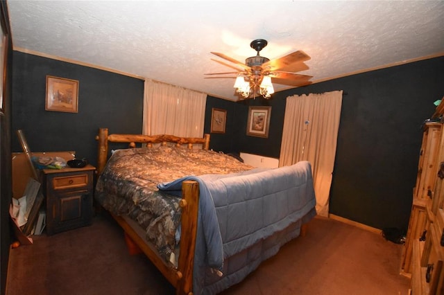 carpeted bedroom featuring crown molding, a textured ceiling, and ceiling fan