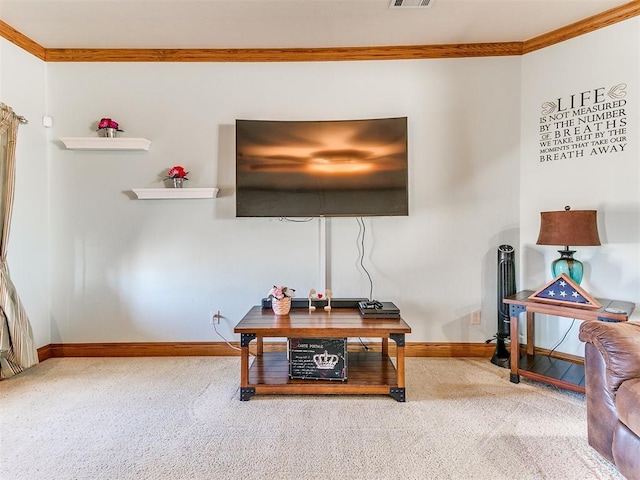 office space featuring ornamental molding and carpet floors