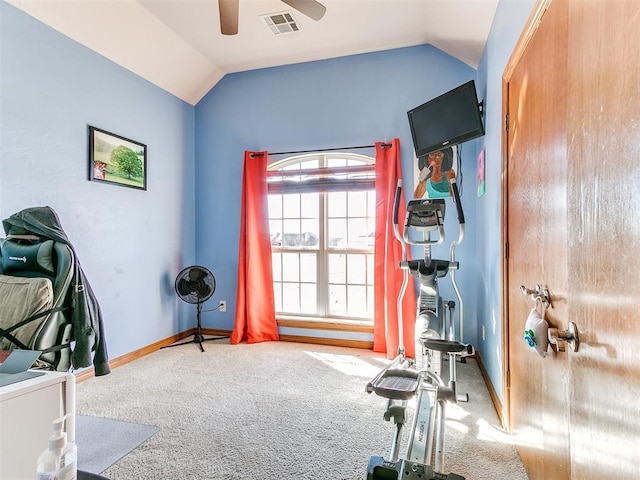 workout room featuring lofted ceiling, carpet floors, and ceiling fan