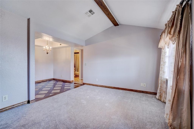 carpeted empty room with a notable chandelier and lofted ceiling with beams