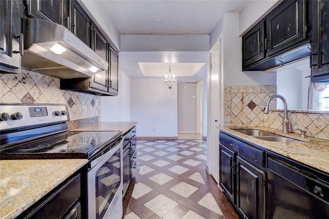 kitchen with light stone counters, dishwasher, sink, and stainless steel electric range