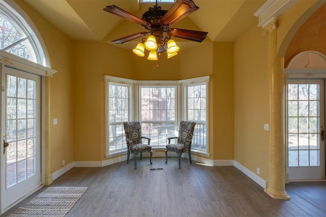 unfurnished room with vaulted ceiling, wood-type flooring, ceiling fan, and french doors