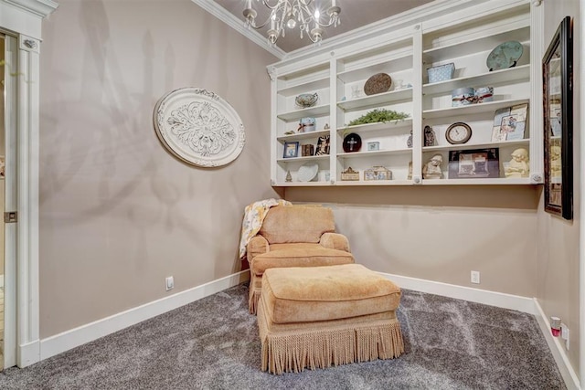 living area with ornamental molding, carpet flooring, a chandelier, and built in features