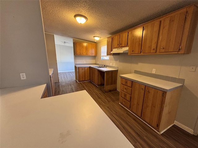 kitchen with dark wood-type flooring, sink, a textured ceiling, and kitchen peninsula