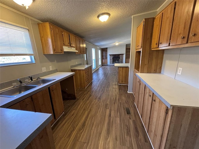 kitchen featuring sink, dark hardwood / wood-style floors, a textured ceiling, a stone fireplace, and vaulted ceiling