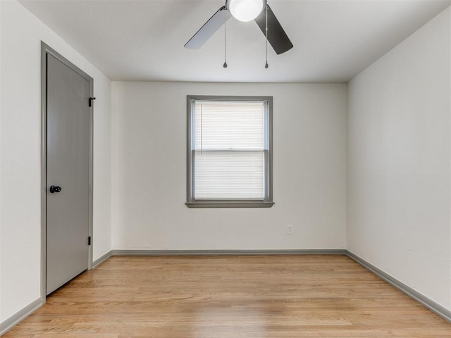 empty room featuring ceiling fan and light hardwood / wood-style floors