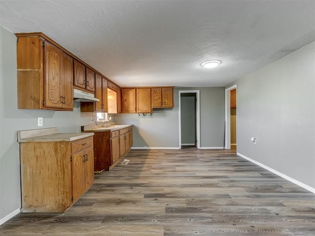 kitchen featuring wood-type flooring, sink, and a textured ceiling