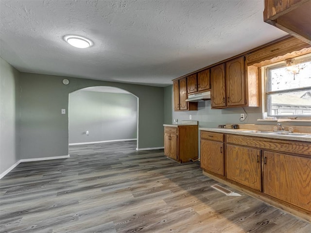 kitchen with sink, wood-type flooring, and a textured ceiling