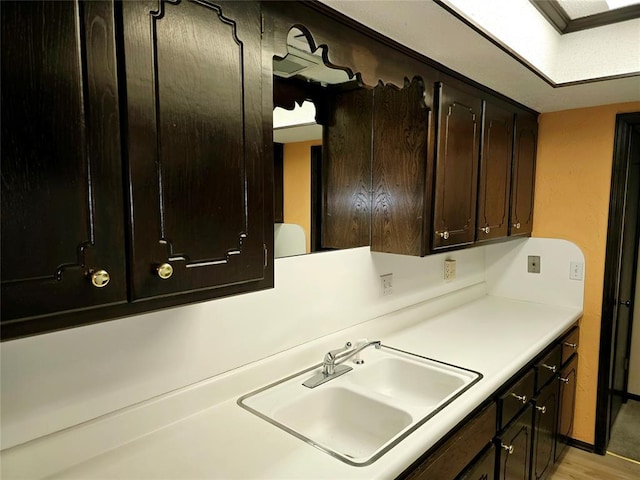 kitchen with dark brown cabinetry, sink, and light wood-type flooring