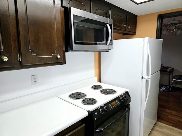 kitchen with black range with electric stovetop, dark brown cabinets, and light hardwood / wood-style flooring