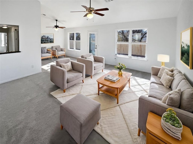 living room featuring ceiling fan and light colored carpet