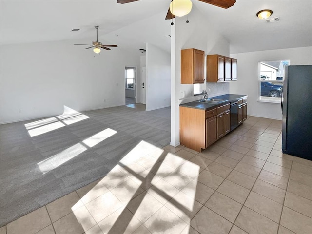 kitchen with sink, vaulted ceiling, light carpet, appliances with stainless steel finishes, and ceiling fan