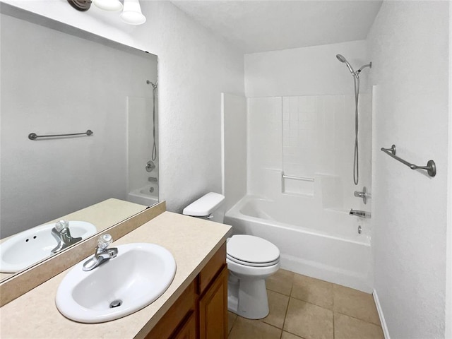 full bathroom with vanity, tub / shower combination, tile patterned floors, and toilet