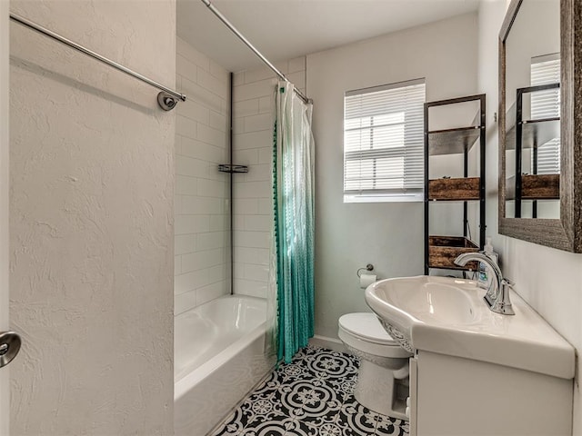 full bathroom with tile patterned flooring, vanity, toilet, and shower / bathtub combination with curtain