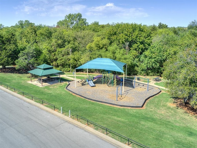 view of jungle gym featuring a gazebo and a lawn