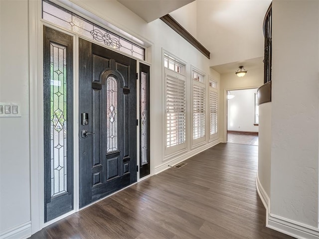 foyer entrance featuring vaulted ceiling and dark wood-type flooring