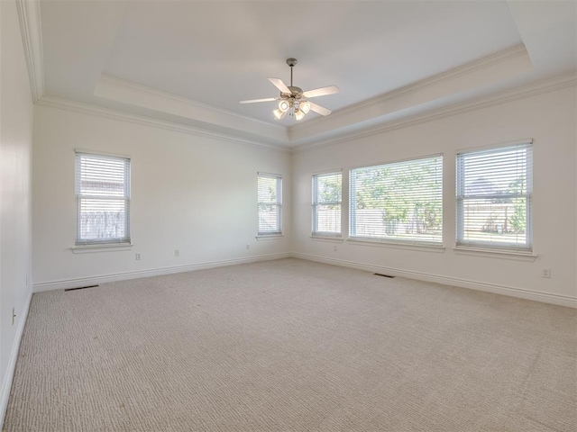 carpeted empty room featuring crown molding, a raised ceiling, and ceiling fan