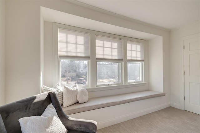 living area featuring light colored carpet and ornamental molding