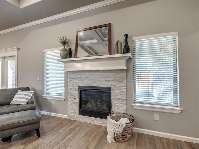 living room featuring hardwood / wood-style floors, a fireplace, and ornamental molding