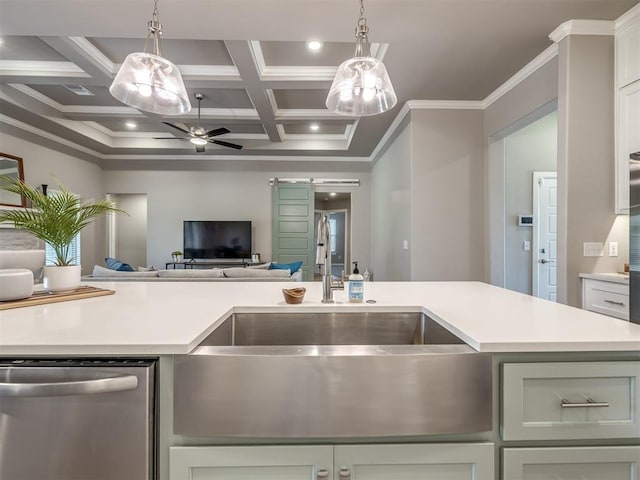 kitchen with dishwasher, ornamental molding, coffered ceiling, ceiling fan, and a barn door