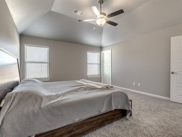 carpeted bedroom featuring ceiling fan and lofted ceiling