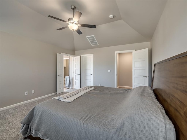 bedroom with lofted ceiling, carpet flooring, and ceiling fan