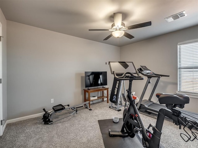 exercise area featuring ceiling fan and carpet