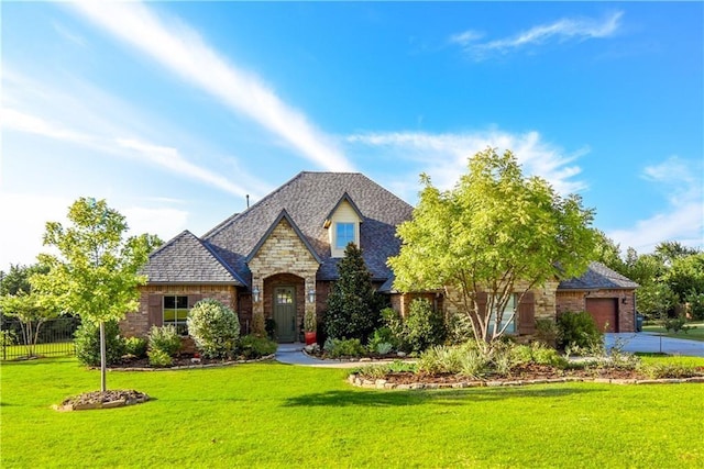 tudor home featuring a garage and a front yard