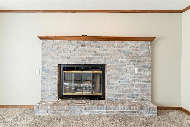 room details featuring ornamental molding, a fireplace, and carpet floors