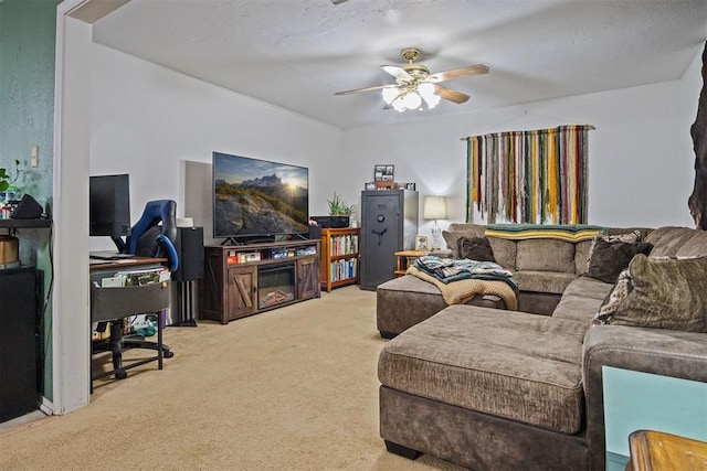 living room featuring ceiling fan and light carpet