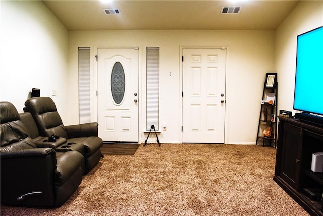 living room with dark colored carpet