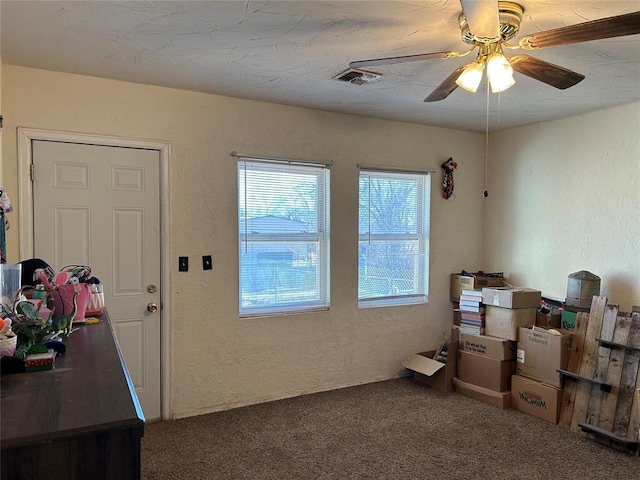 interior space with carpet and ceiling fan