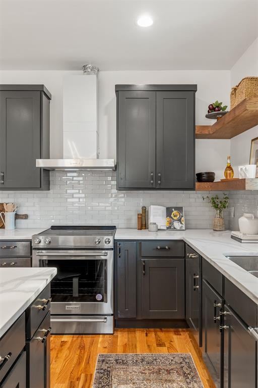 kitchen featuring tasteful backsplash, stainless steel range with electric stovetop, wall chimney exhaust hood, and light wood-type flooring