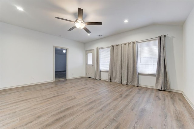 unfurnished room with ceiling fan and light hardwood / wood-style floors