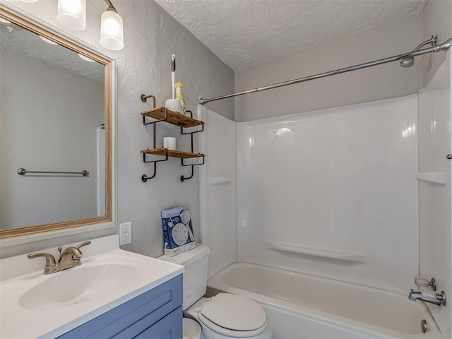 bathroom with a textured wall, toilet, a textured ceiling, shower / tub combination, and vanity