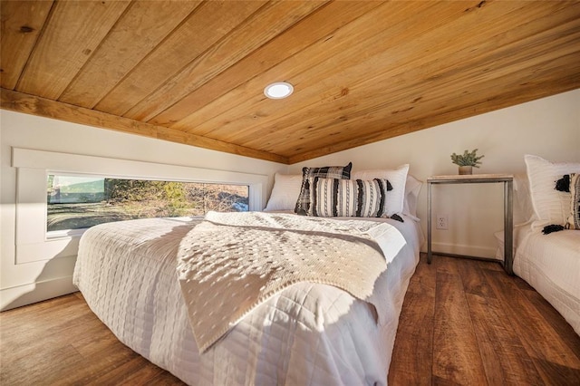 bedroom featuring wood ceiling, vaulted ceiling, and hardwood / wood-style flooring