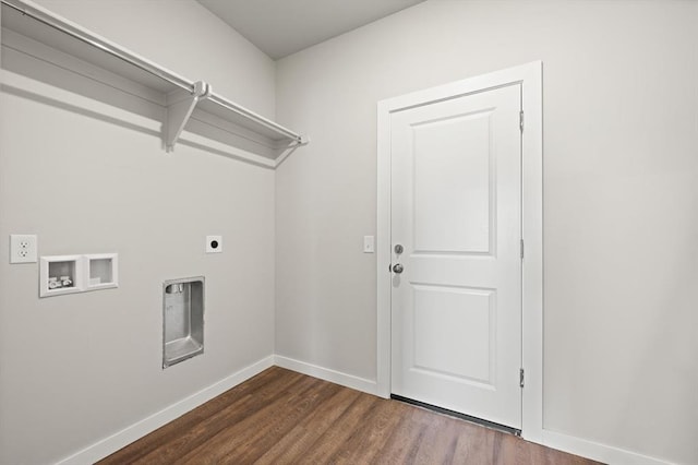 clothes washing area featuring electric dryer hookup, hookup for a washing machine, and dark hardwood / wood-style flooring