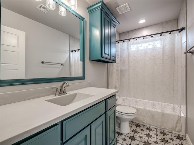 full bathroom with vanity, shower / bath combination with curtain, and toilet