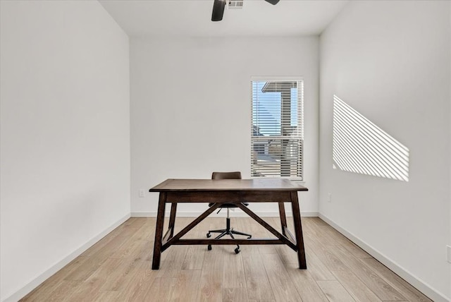 office featuring ceiling fan and light wood-type flooring