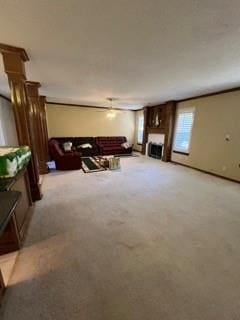 unfurnished living room with light carpet and a fireplace