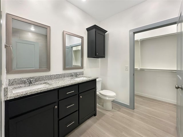 bathroom with wood-type flooring, vanity, and toilet